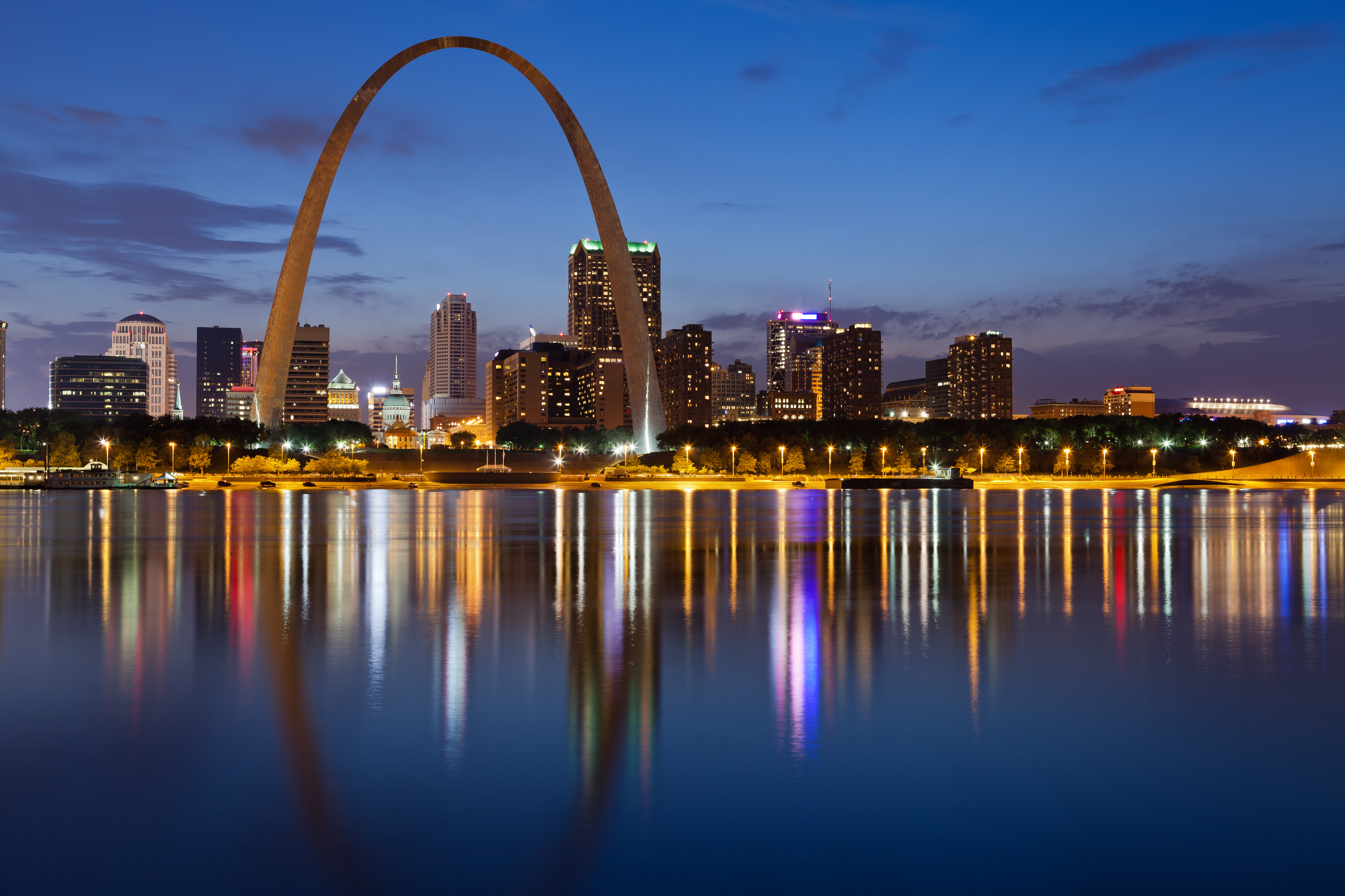 St. Louis skyline at night along Mississippi River